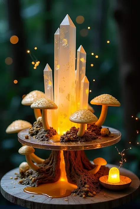 **"Dessert in a Magical Forest"**
A crystal-shaped cake growing from a transparent pedestal, covered in edible gold and sugar glass petals. Around it there are giant mushrooms with bioluminescent caps, streams of caramel and dishes made of intertwined root...