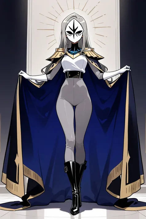 high resolution, masterpiece, necessary, detail, best quality, quality, necessary, details, High details, Precise, 
 

By vivsiepop

, 1girl, solo, grey full bodysuit, long cape, blue and black cape, cape touches on ground, white gloves, armors shoulders a...