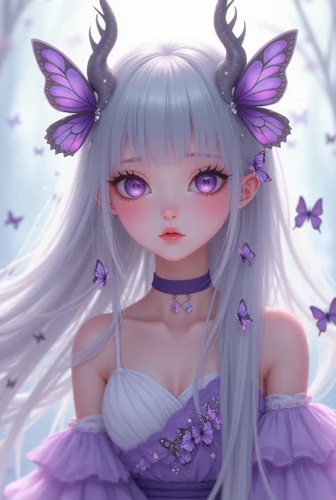 A cute girl with silver long hair and pretty purple eyes, cute white purple dress, butterfly elements, some dragon elements head accessories, bangs in 3/7 m shape