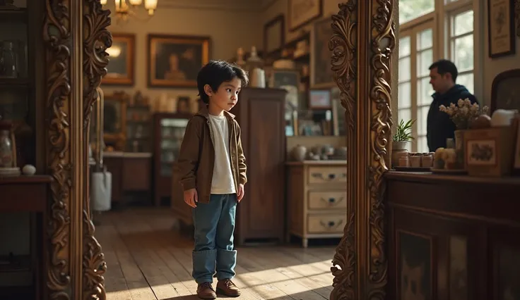 A boy named Zayn aged 12 has black hair and blue eyes and dressed a white shirt with a brown jacket and blue pants and brown shoes. continued to use the beautifully ornate mirror 
 , but with a different perspective. standing in antique shop
