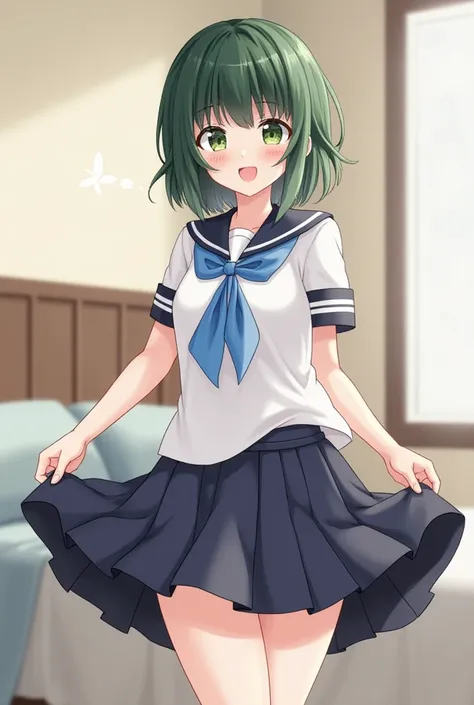 Girl, young girl, dark green short hair, green eyes, smiling, blushing, white and navy blue sailor shirt, navy blue pleated miniskirt, blue sox, standing, white panties, in her room, putting on her minskirt, miniskirt up