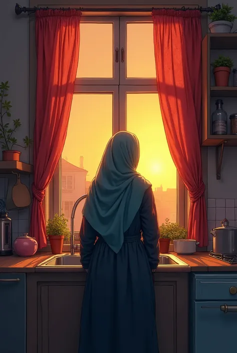 Illustration of the cover of the book  "Behind the Kitchen Curtains " atmosphere outside the cornucopia,  depicts a woman in a sharia hijab standing in the kitchen, Peering towards the window . He looked calm , as if contemplating something ,  while the li...