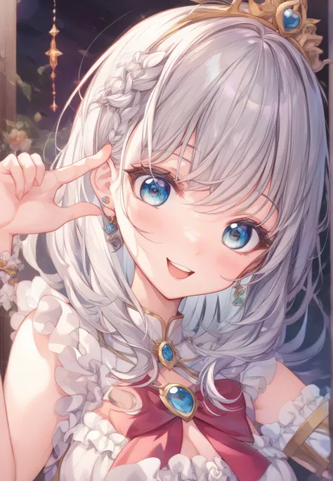  white hair、Gray Hair、 beautiful girl、 big smile 、Innocent、Delighted、cute frilly clothes、 white skin、Transparency、 cute、 cute、 girl、 slender、 Slim、 high image quality、4ｋ、 medium hair、 is adorable、Thread、 wink、smile、 happy、 innocent、mischievous expression