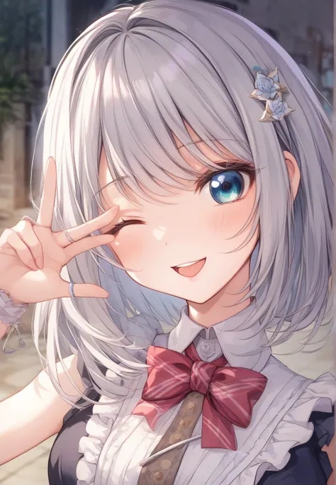  white hair、Gray Hair、 beautiful girl、 big smile 、Innocent、Delighted、cute frilly clothes、 white skin、Transparency、 cute、 cute、 girl、 slender、 Slim、 high image quality、4ｋ、 medium hair、 is adorable、Thread、 wink、smile、 happy、 innocent、mischievous expression