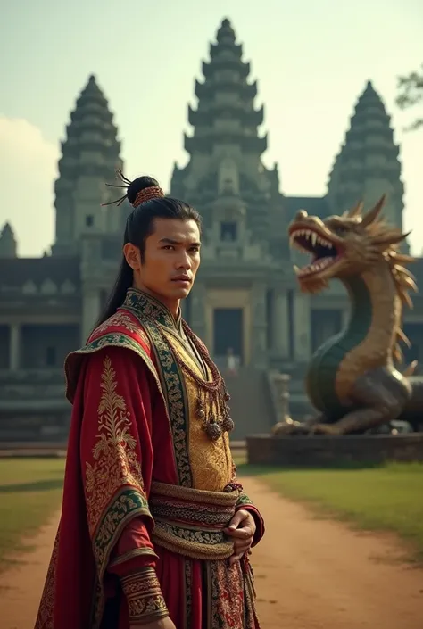 Handsome man with traditional clothes standing in front of Angkor wat temple and traditional dragon 