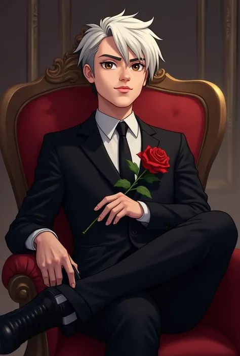 The cartoon character, with white hair, is a man in a black suit, with brown black eyes. 
Sitting on a chair, sitting facing left, left hand holding a rose, right hand holding a pistol, about 20 years old