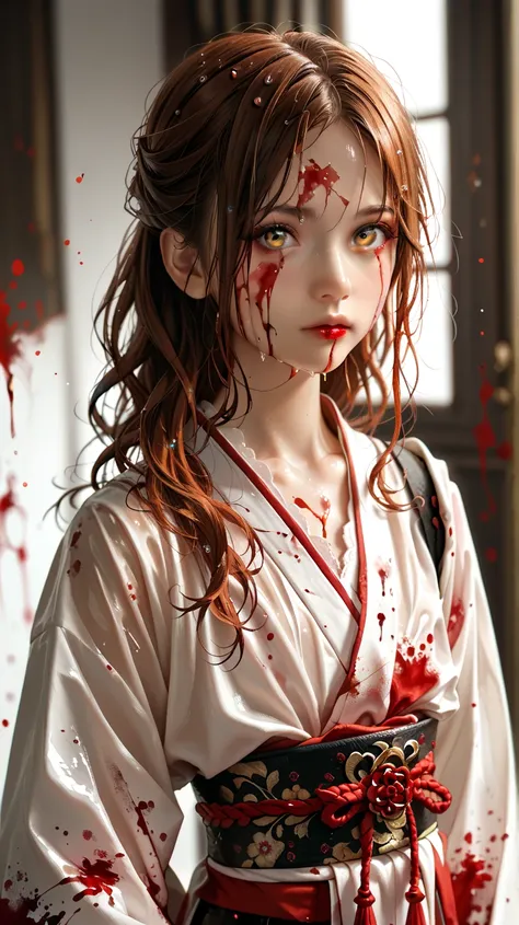 Full-body picture, very young 6yo girl, staring emotionless at camera, standing over a dead body, lots of dark red blood, more blood (carrie), dried blood, soaked in blood, samurai princess, holding a kitana drpping blood, white and pink warriors armor, sh...