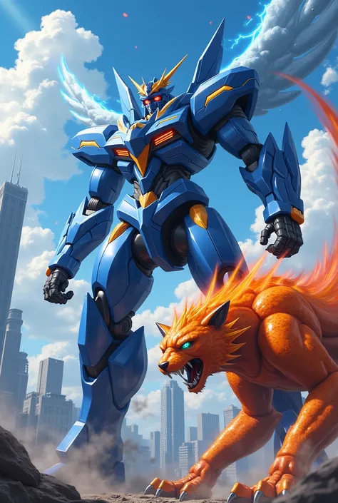 Anime: blue thunderbird Mecha fighting a orange cheetah kaiju