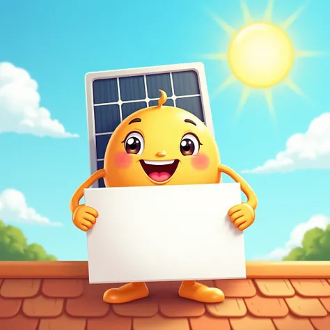 A cheerful anthropomorphic solar panel character with a bright, happy face, standing on a cartoon-style rooftop. The character has expressive eyes and a wide smile, radiating positivity. It holds a blank white placard in its hands, ready for a custom messa...