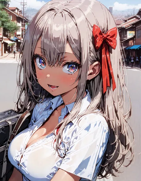  alisa mikhailovna kujou ,  long hair, bangs,  blue eyes,  hair bow, stupid hair,  Grey Hair ,smile,blush, open your mouth,  school uniform, tan,  white shirt, Short sleeve, Big Breasts, cleavage, gal, collared shirt,Short sleeve,School bag , black mini pl...