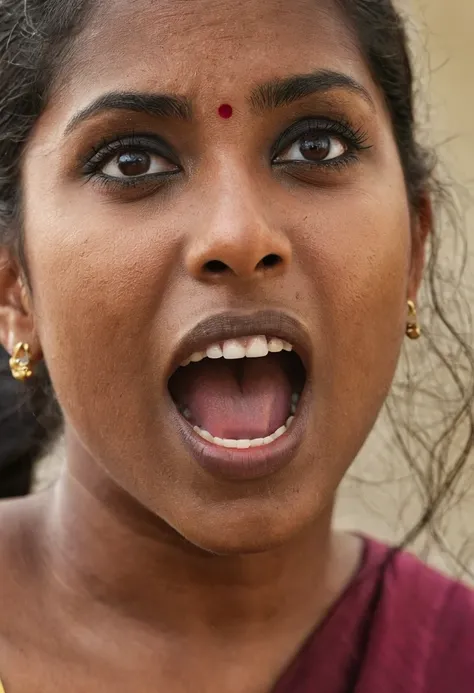 Ultra detailed photo of tamil woman, beautiful girl, highest quality realistic skin, eyes in focus, 45 years old, focus on mouth, open mouth, saliva, open mouth wide, inside of mouth visible, ponytail hair, mouth open wide, uvula visible, mouth open wide y...