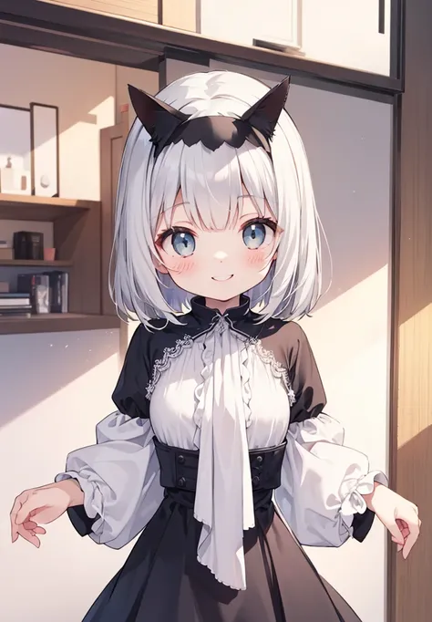  white hair、Gray Hair、 beautiful girl、 big smile 、Innocent、Delighted、cute frilly clothes、 white skin、Transparency、 cute、 cute、 girl、 slender、 Slim、 high image quality、4ｋ、 medium hair、 is adorable、Cat Eyes、 wink、smile、 happy、 innocent、mischievous expression...