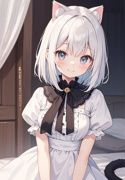  white hair、Gray Hair、 beautiful girl、 big smile 、Innocent、Delighted、cute frilly clothes、 white skin、Transparency、 cute、 cute、 girl、 slender、 Slim、 high image quality、4ｋ、 medium hair、 is adorable、Cat Eyes、 wink、smile、 happy、 innocent、mischievous expression...