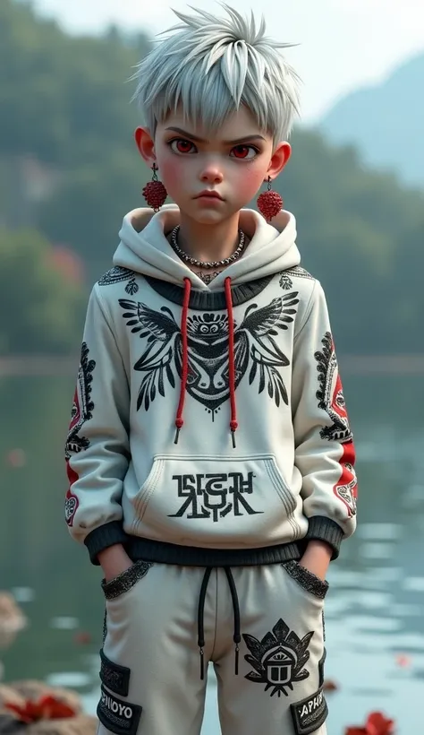 3D animation, Gothic style,  boy, punk silver hair, serious expression, red eyes, red basket earrings, white long-sleeved hoodie with Indian writing and totems, short closed hoodie, hoodie with black lace design, hood, exposed navel, drawstring white casua...