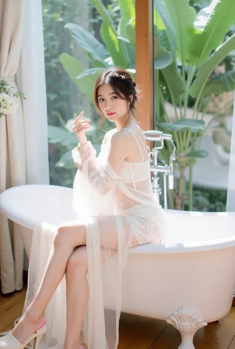 a young woman sitting elegantly on the edge of a white vintage bathtub. She is wearing a delicate white lace outfit with sheer, flowing sleeves, and the fabric drapes gracefully onto the floor. Her hair is styled in a loose, elegant updo adorned with small...