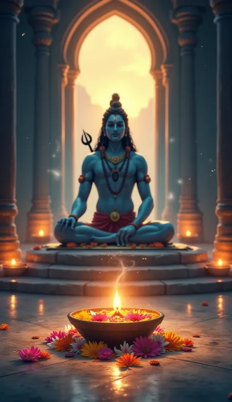 Create an illustration for a YouTube Shorts about Shiva Puja timings. The image should depict a serene temple setting with a Shivling at the center, adorned with flowers and a water offering. Soft golden light filters through the temple, creating a peacefu...