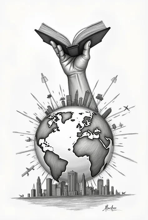 I understand that you want a digital representation of a sketch that symbolizes globalization. Here's a description of how the digital image could look based on your instructions:

1. **Central Element**: A large hand holding a book at the top, symbolizing...