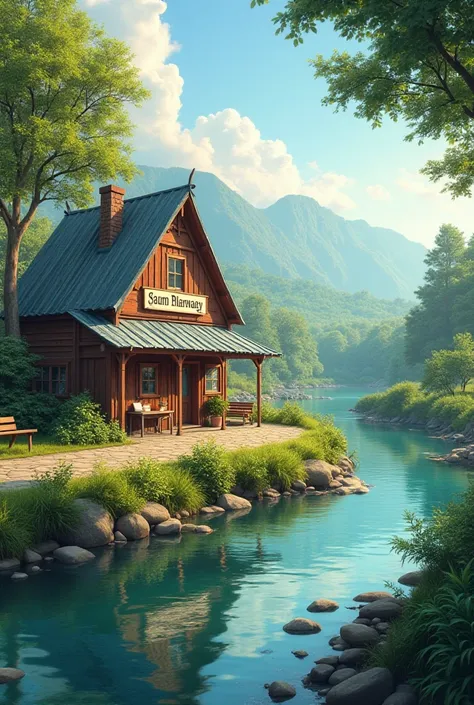 Create a Facebook cover photo for a pharmacy named " Saum pharmacy" with a tin shade small home beside a small river and The path is paved.