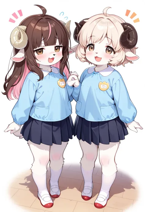 2girls, (furry, kemono:1.4), sheep girl, animal nose, sheep ears, sheep horn, multiple girls, skirt, holding hands, long hair, uwabaki, simple background, socks, brown eyes, multicolored hair, short hair, white background, ahoge, brown hair, pink hair, two...