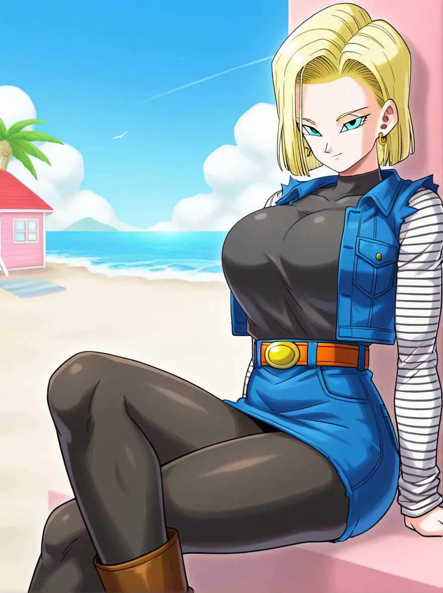  Masterpiece, highest quality,
18ill,  1 girl completely naked, Alone,   medium hair ,   jewelry,  earrings,   big breasts, Chest, belt, denim jacket,  denim skirt,   brown footwear,   black shirt ,   beach, day, blue sky,   light smile,  striped sleeve,  ...