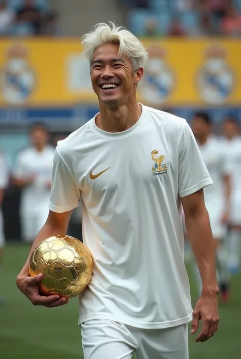 holding a golden ball   ,  Real Korean young man with wavy light white hair laughs walking elegantly he wears a white silk Real Madrid t-shirt with white clothed pants inside the Santiago Bernabeu stadium with the posters around him