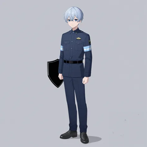 a young boy,Gray-blue hair, wear security clothes , hold a modern shield on your hands,Full body width,Wear martens on your feet