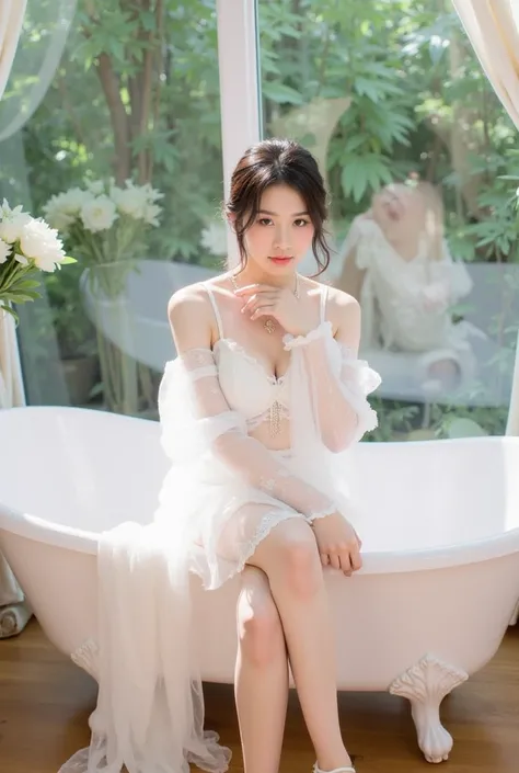 a young woman sitting elegantly on the edge of a white vintage bathtub. She is wearing a delicate white lace outfit with sheer, flowing sleeves, and the fabric drapes gracefully onto the floor. Her hair is styled in a loose, elegant updo adorned with small...