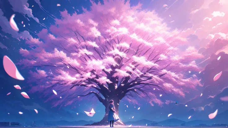 Anime-style romantic confession scene, a boy and a girl standing under a cherry blossom tree, the boy nervously holding a love letter, the girl blushing with surprise, soft pink petals floating in the air, dreamy atmosphere, warm sunset glow, delicate shad...