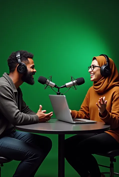 "A Somali man and a Somali woman sitting across from each other, recording a podcast in a professional studio. The man, on the left side, has short curly black hair, a well-groomed beard, and wears a casual yet professional outfit with headphones. The woma...