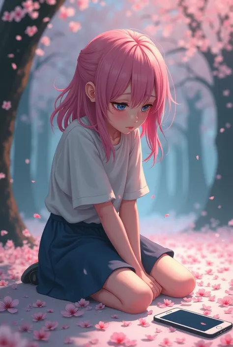 Young girl with pink air crying on his knees image 1080 by 1080 , sakura flowers on the ground and one phone on the ground

