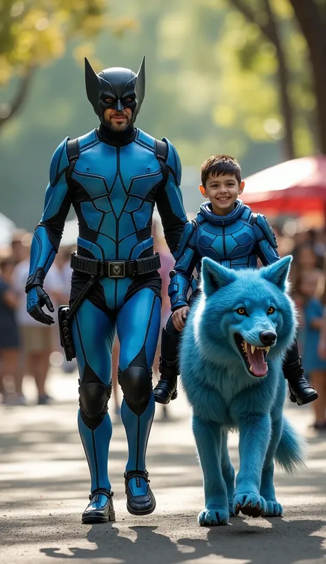 character: 1 male with mask full head ,  1 boy Riding a blue wolf.

action: Walk with a forward gaze.

Expression : smiling.

Costume : they Wearing futuristic Light blue Wolverine armor with futuristic blue black accents. Full body view.

 Background :  A...