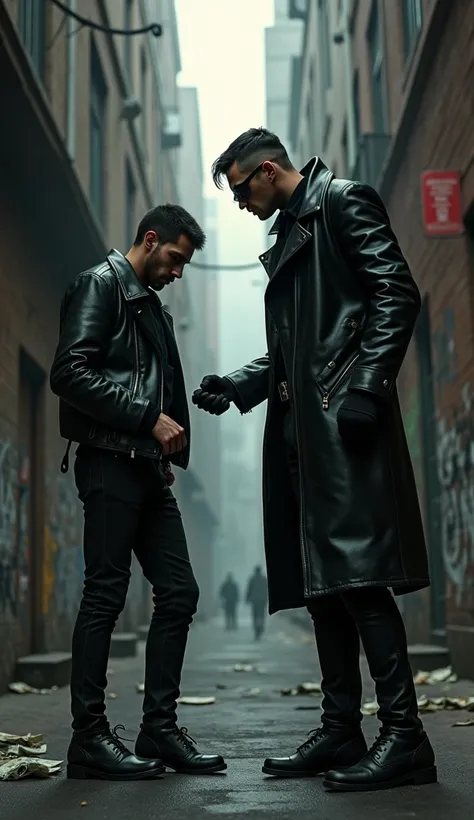 A young male thug in black leather,  leather gloves ,  sunglasses, leather riding boots , threatens another man and demands banknotes from him in the dark alley, The victim gives him the money 