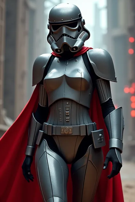 Sexy female stormtrooper (Star Wars), armored leotard, dark grey steel helmet, dark grey steel armor, dark grey steel mask, wearing red cape