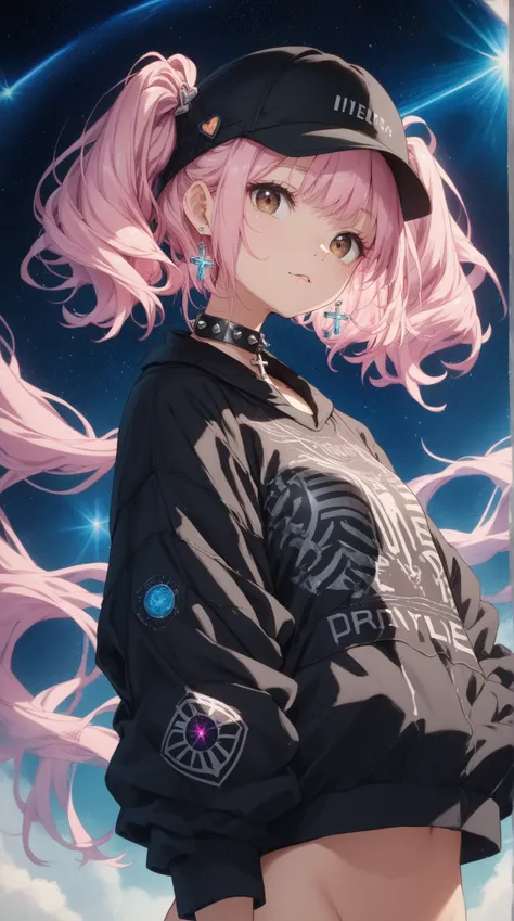 A cheerful nime girl with long, pastel pink hair styled in twin tails, accessorized with a small black beanie and delicate cross earrings. add light on face to highlight. 
She’s wearing a cropped black sweater with metallic buttons and a layered white unde...