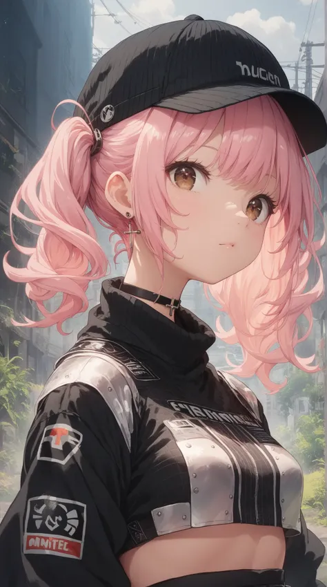 An anime girl with long, pastel pink hair styled in twin tails, accessorized with a small black beanie and delicate cross earrings. add light on face to highlight. She’s wearing a cropped black sweater with metallic buttons and a layered white undershirt, ...