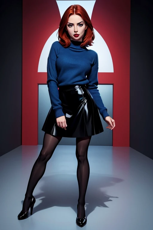 Karen Gillan wears a blue sweater and a black skirt and black stockings and black high-heeled Mary Janes. Karen has lovely makeup on her face. Karen wears red lipstick. Symmetrical eyes. Symmetrical face. Full-colored. Highly detailed 8K.