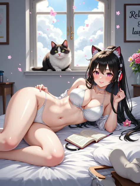 a cute girl,Innocent, smile relax, wear thin white shirt , beautiful bra and sexy white panties ,lying face down on the bed, sexy body, read book “Life is easy”, girl wearing headphones, cat playing guitar, outside the window birds are chirping, There are ...