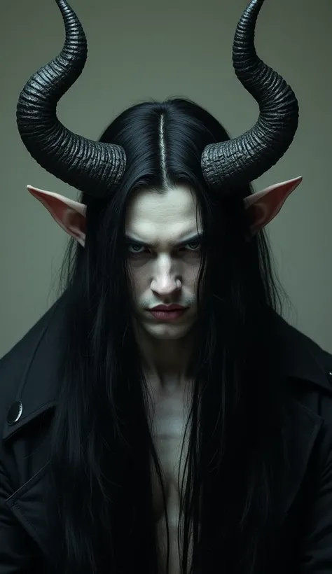 A man with hair as black as the night runs down her body to her waist. Two serrated horns adorn the oval head on both sides.; Both horns are half a foot long and look absolutely menacing.. His skin is pale white, The eyebrows are as sharp as a sword and hi...