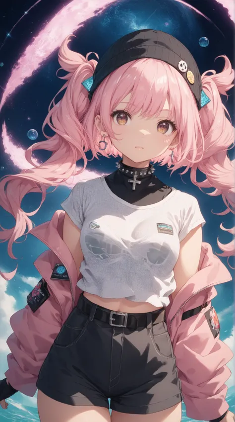 A cheerful nime girl with long, pastel pink hair styled in twin tails, accessorized with a small black beanie and delicate cross earrings. add light on face to highlight. 
She’s She is dressed in a sleek, form-fitting white top with subtle grid patterns an...