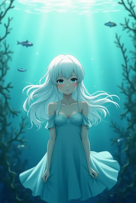 Sad kawaii anime girl with white hair sunk in the sea 