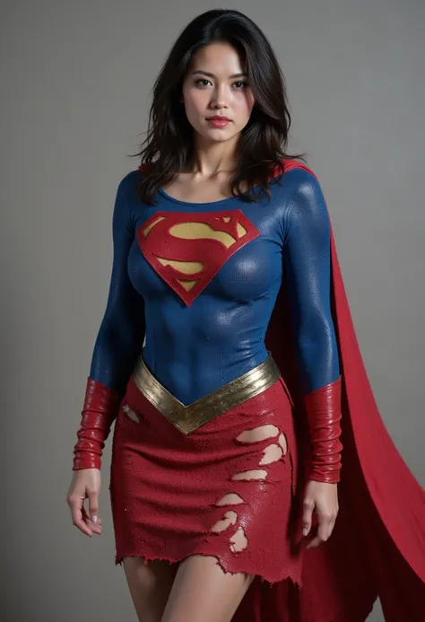 Superwoman, superman suit, skirt, her clothes extremely damaged, tattered, torn clothes, damaged clothes, t0rn, 