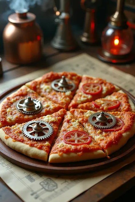 **"Pizza in a Steampunk Lab"**
A round pizza divided into sections with mechanical gears instead of filling. The dough is a copper plate, the ingredients are parmesan springs, tubes with tomato steam. The background is a table with blueprints, soldering ir...