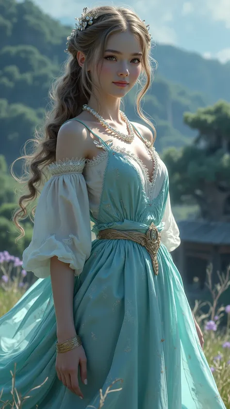 一幅charming的藝術品， Zelda Inspired ，散發出charming優雅的魅力， Slightly Calm Smile ：0.3， Wearing a Delicate and Delicate Long Water Blue Dress， Long Smooth Aqua Blue Skirt ，Pearl Necklace ， Gold Plate as a Necklace ， Fantastic ，wondrous，charming的， Historical Fantasy ，L...