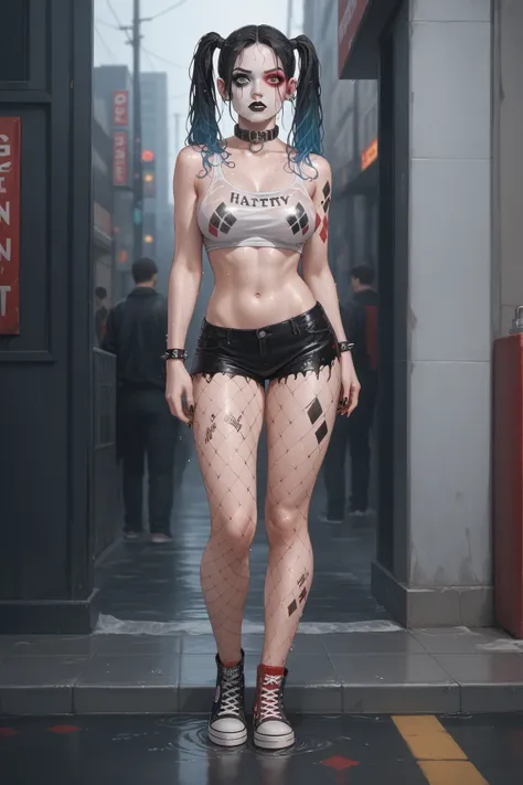 full-body shot of Harley Quinn as a sexy goth girl caught in a torrential downpour. long black hair in twintails, wet hair, pale skin, white skin, wet skin, black mascara, black lipstick, black nail polish, tattoos, breasts, iconic costume, black collar wi...