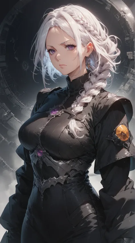 A serious anime mature girl with long, one long braid white hair and intense violet eyes, dressed in a dark silver and black suit with sharp, angular armor plating. background wormhole, exoplanet, interstellar, mature face. mature face. one long braid. 