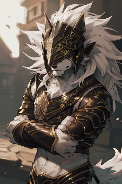 by k0bit0wani,by kiyosan,by milkytiger1145,by jrjresq,male,canine,solo,anthro,wolf furry,(flowing white hair),white body,white fur,frown,maliketh (elden ring),helmet,(((masterpiece))),((armor, intricate armor, black armor with gold accents, full body armor...