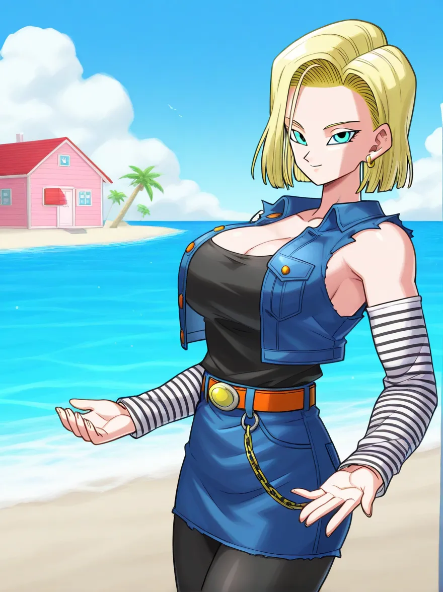  Masterpiece, highest quality,
18ill,  1 girl completely naked, Alone,   medium hair ,   jewelry,  earrings,   big breasts, Chest, belt, denim jacket,  denim skirt,   brown footwear,   black shirt ,   beach, day, blue sky,   light smile,  striped sleeve,  ...