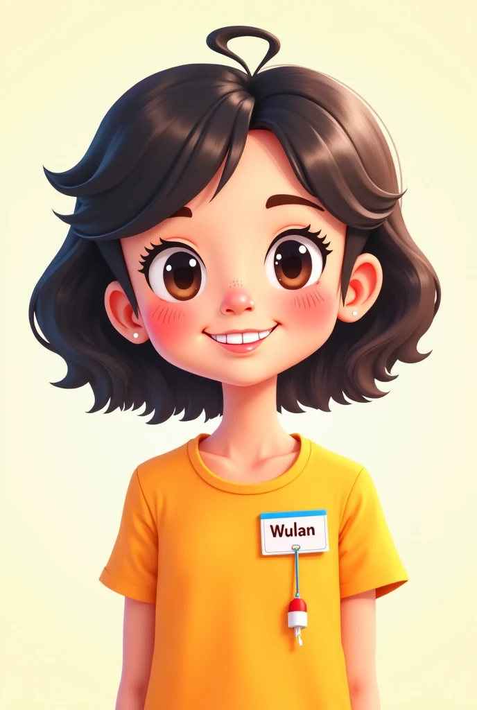 Make a cartoon of cute girl in a shirt there nametag wulan