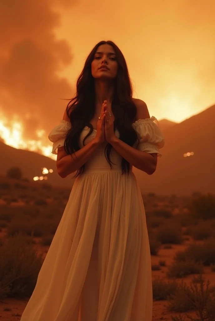 A Selena Gomez with long dark hair, wearing a flowing white dress, stands in the midst of a burning California landscape. The sky glows orange and red with ash swirling in the air. Despite the chaos, the singer raises her hands in a prayerful gesture, symb...