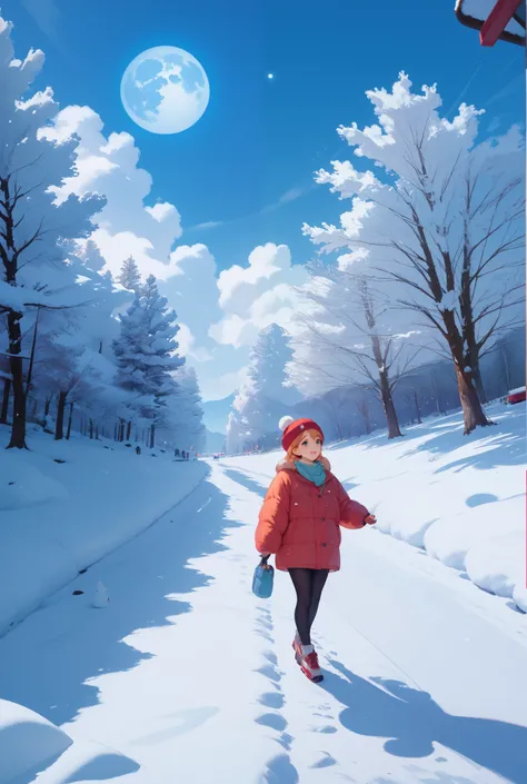  masterpiece, cute radish cartoon characters are tracking mysterious footprints in the snow,Soft blue moon sky , minimalism,